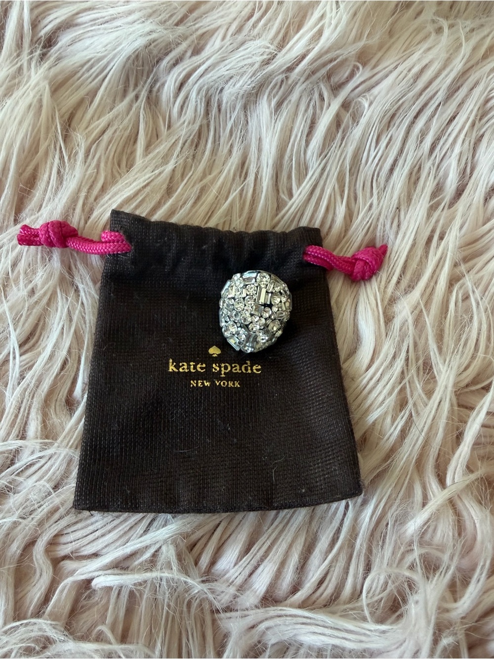 kate spade silver crystal cluster ring with pink drawstring accents